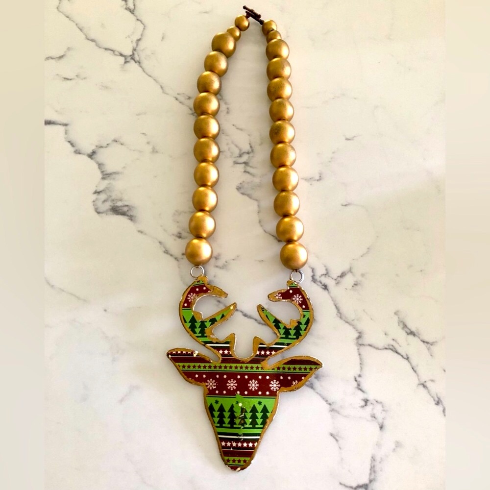 Handmade reindeer decoupage Christmas holiday necklace w/gold wooden beads!